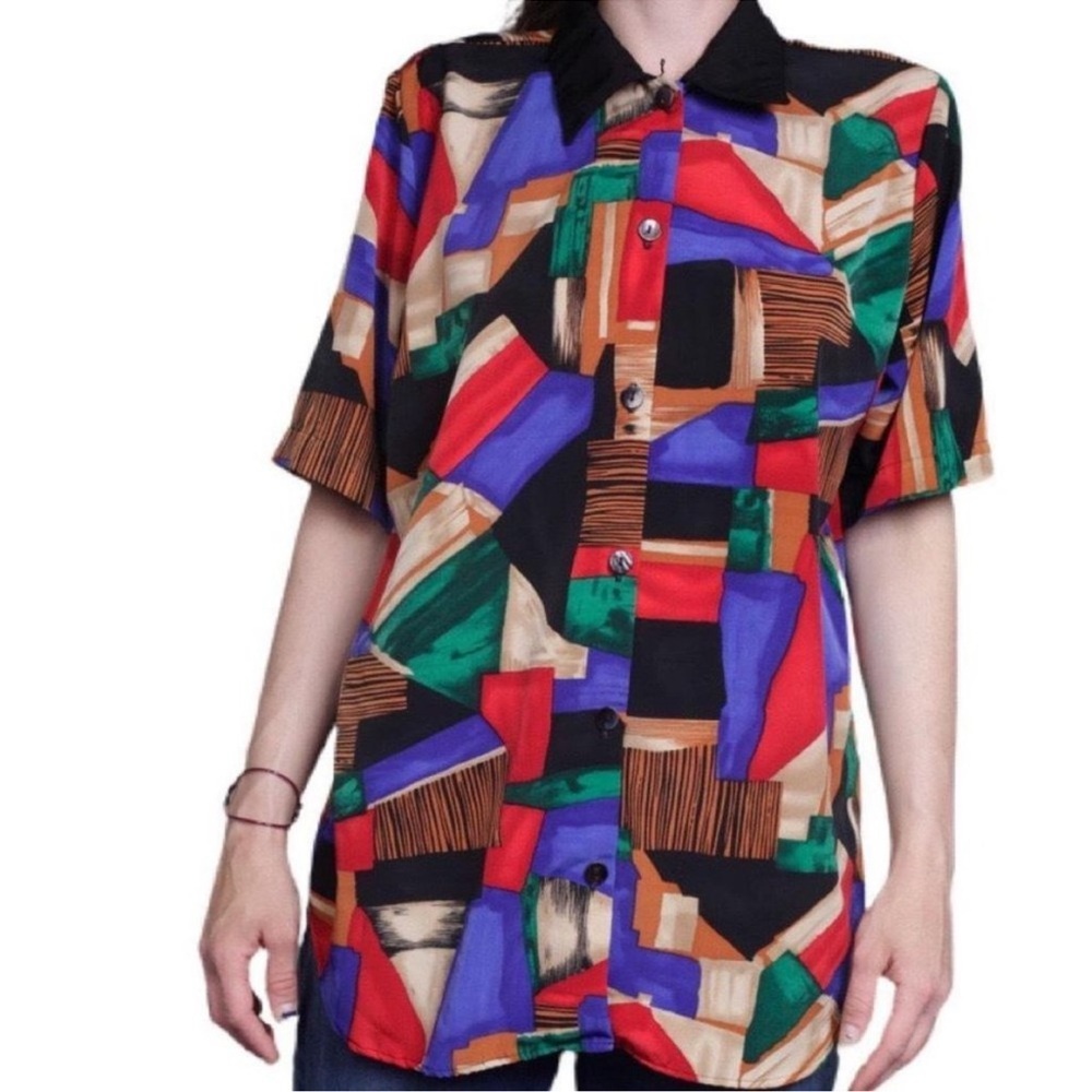 FUNKY GEOMETRIC PRINT SHORT-SLEEVE RAYON BUTTON-UP SHIRT - Picture 2 of 11